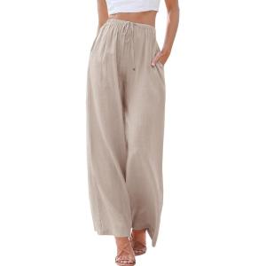 imageANRABESS Womens Linen Palazzo Pants Summer Flowy Wide Leg Drawstring Casual Trousers with Pockets Beach Vacation OutfitsLight Khaki