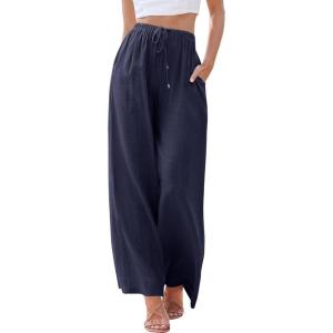 imageANRABESS Womens Linen Palazzo Pants Summer Flowy Wide Leg Drawstring Casual Trousers with Pockets Beach Vacation OutfitsNavy Blue