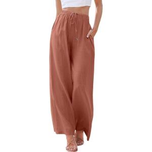 imageANRABESS Womens Linen Palazzo Pants Summer Flowy Wide Leg Drawstring Casual Trousers with Pockets Beach Vacation OutfitsRust
