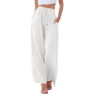 imageANRABESS Womens Linen Palazzo Pants Summer Flowy Wide Leg Drawstring Casual Trousers with Pockets Beach Vacation OutfitsWhite