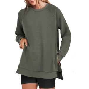 imageANRABESS Womens Oversized Sweatshirts Crewneck Long Sleeve Tunic Pullover Shirts Side Zipper Hoodies 2025 Fall ClothesArmy Green