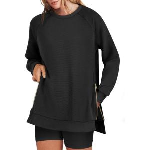 imageANRABESS Womens Oversized Sweatshirts Crewneck Long Sleeve Tunic Pullover Shirts Side Zipper Hoodies 2025 Fall ClothesBlack