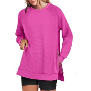imageANRABESS Womens Oversized Sweatshirts Crewneck Long Sleeve Tunic Pullover Shirts Side Zipper Hoodies 2025 Fall ClothesHot Pink