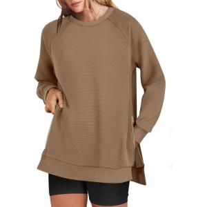 imageANRABESS Womens Oversized Sweatshirts Crewneck Long Sleeve Tunic Pullover Shirts Side Zipper Hoodies 2025 Fall ClothesKhaki
