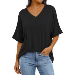 imageANRABESS Womens Oversized T Shirts Short Sleeve V Neck Summer Tops Casual Loose Basic Plain Tee Shirts 2025 Clothes OutfitsBlack
