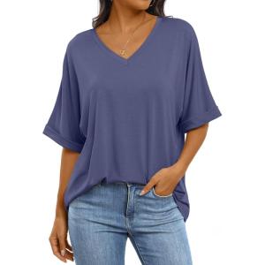 imageANRABESS Womens Oversized T Shirts Short Sleeve V Neck Summer Tops Casual Loose Basic Plain Tee Shirts 2025 Clothes OutfitsBlue Gray