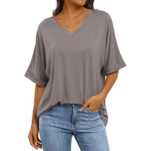 imageANRABESS Womens Oversized T Shirts Short Sleeve V Neck Summer Tops Casual Loose Basic Plain Tee Shirts 2025 Clothes OutfitsBrown