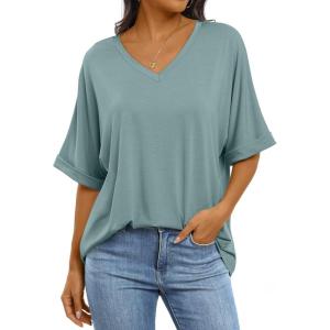 imageANRABESS Womens Oversized T Shirts Short Sleeve V Neck Summer Tops Casual Loose Basic Plain Tee Shirts 2025 Clothes OutfitsCadet Blue