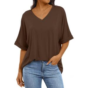 imageANRABESS Womens Oversized T Shirts Short Sleeve V Neck Summer Tops Casual Loose Basic Plain Tee Shirts 2025 Clothes OutfitsDark Brown