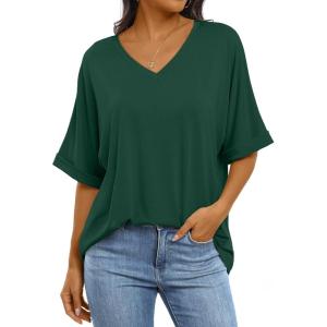 imageANRABESS Womens Oversized T Shirts Short Sleeve V Neck Summer Tops Casual Loose Basic Plain Tee Shirts 2025 Clothes OutfitsDark Green