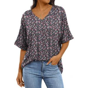 imageANRABESS Womens Oversized T Shirts Short Sleeve V Neck Summer Tops Casual Loose Basic Plain Tee Shirts 2025 Clothes OutfitsFloral Black