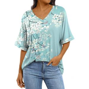 imageANRABESS Womens Oversized T Shirts Short Sleeve V Neck Summer Tops Casual Loose Basic Plain Tee Shirts 2025 Clothes OutfitsFloral Blue Flower