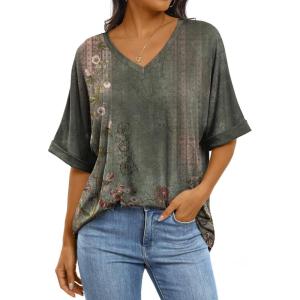 imageANRABESS Womens Oversized T Shirts Short Sleeve V Neck Summer Tops Casual Loose Basic Plain Tee Shirts 2025 Clothes OutfitsFloral Flower Print