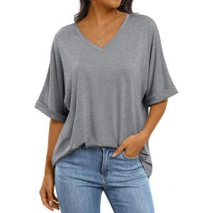 imageANRABESS Womens Oversized T Shirts Short Sleeve V Neck Summer Tops Casual Loose Basic Plain Tee Shirts 2025 Clothes OutfitsGray