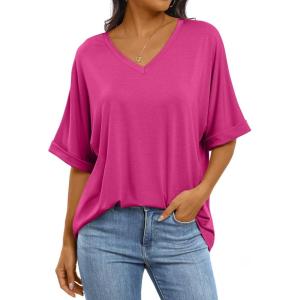 imageANRABESS Womens Oversized T Shirts Short Sleeve V Neck Summer Tops Casual Loose Basic Plain Tee Shirts 2025 Clothes OutfitsHot Pink