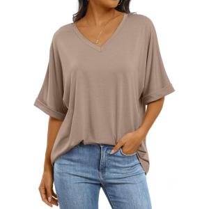 imageANRABESS Womens Oversized T Shirts Short Sleeve V Neck Summer Tops Casual Loose Basic Plain Tee Shirts 2025 Clothes OutfitsKhaki
