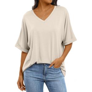 imageANRABESS Womens Oversized T Shirts Short Sleeve V Neck Summer Tops Casual Loose Basic Plain Tee Shirts 2025 Clothes OutfitsLight Apricot