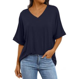 imageANRABESS Womens Oversized T Shirts Short Sleeve V Neck Summer Tops Casual Loose Basic Plain Tee Shirts 2025 Clothes OutfitsNavy