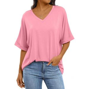imageANRABESS Womens Oversized T Shirts Short Sleeve V Neck Summer Tops Casual Loose Basic Plain Tee Shirts 2025 Clothes OutfitsPink