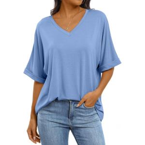 imageANRABESS Womens Oversized T Shirts Short Sleeve V Neck Summer Tops Casual Loose Basic Plain Tee Shirts 2025 Clothes OutfitsSky