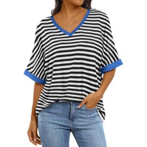 imageANRABESS Womens Oversized T Shirts Short Sleeve V Neck Summer Tops Casual Loose Basic Plain Tee Shirts 2025 Clothes OutfitsStriped Black White