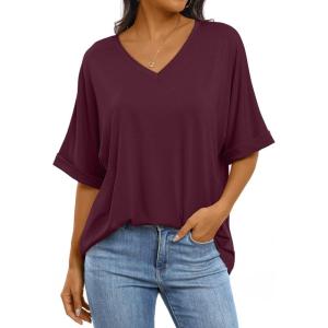 imageANRABESS Womens Oversized T Shirts Short Sleeve V Neck Summer Tops Casual Loose Basic Plain Tee Shirts 2025 Clothes OutfitsWine