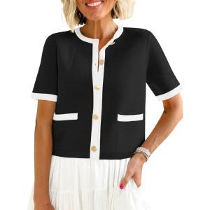 imageANRABESS Womens Short Sleeve Cardigan Sweaters Summer Casual Crew Neck Knit Striped Button Down Cropped Dressy Blouses TopsBlack White Edge