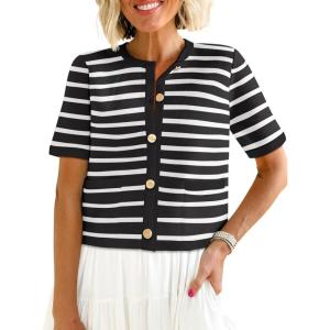 imageANRABESS Womens Short Sleeve Cardigan Sweaters Summer Casual Crew Neck Knit Striped Button Down Cropped Dressy Blouses TopsBlack White Stripe