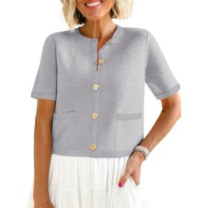 imageANRABESS Womens Short Sleeve Cardigan Sweaters Summer Casual Crew Neck Knit Striped Button Down Cropped Dressy Blouses TopsGrey