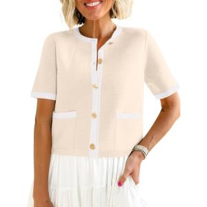 imageANRABESS Womens Short Sleeve Cardigan Sweaters Summer Casual Crew Neck Knit Striped Button Down Cropped Dressy Blouses TopsKhaki White Edge
