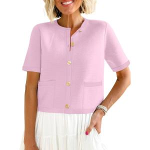 imageANRABESS Womens Short Sleeve Cardigan Sweaters Summer Casual Crew Neck Knit Striped Button Down Cropped Dressy Blouses TopsPeach Pink