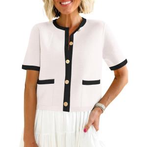 imageANRABESS Womens Short Sleeve Cardigan Sweaters Summer Casual Crew Neck Knit Striped Button Down Cropped Dressy Blouses TopsWhite Black Edge