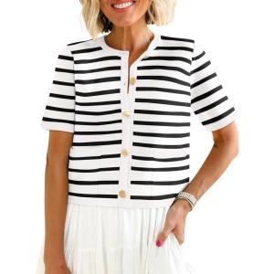 imageANRABESS Womens Short Sleeve Cardigan Sweaters Summer Casual Crew Neck Knit Striped Button Down Cropped Dressy Blouses TopsWhite Black Stripe