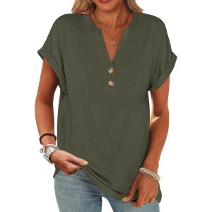 imageANRABESS Womens Short Sleeve Henley Tops V Neck Dressy Casual Loose Fit Shirts Summer Flowy Blouses 2025 Trendy ClothesArmy Green