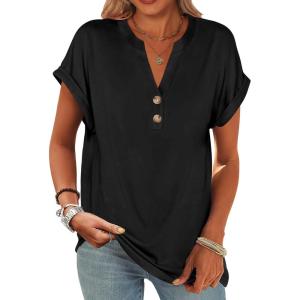 imageANRABESS Womens Short Sleeve Henley Tops V Neck Dressy Casual Loose Fit Shirts Summer Flowy Blouses 2025 Trendy ClothesBlack