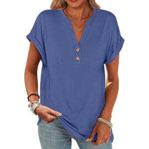 imageANRABESS Womens Short Sleeve Henley Tops V Neck Dressy Casual Loose Fit Shirts Summer Flowy Blouses 2025 Trendy ClothesBlue