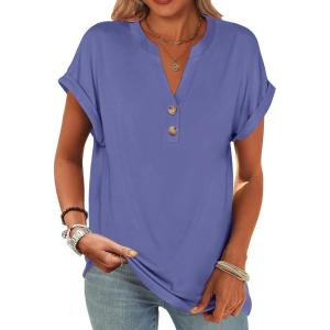 imageANRABESS Womens Short Sleeve Henley Tops V Neck Dressy Casual Loose Fit Shirts Summer Flowy Blouses 2025 Trendy ClothesBlue Gray