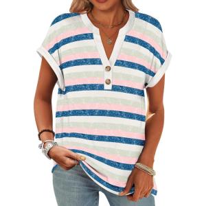 imageANRABESS Womens Short Sleeve Henley Tops V Neck Dressy Casual Loose Fit Shirts Summer Flowy Blouses 2025 Trendy ClothesBlue Pink Strip