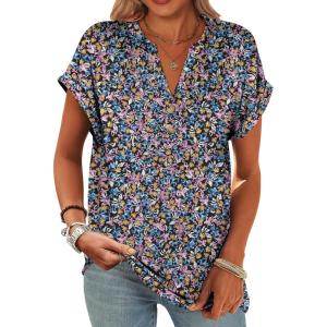imageANRABESS Womens Short Sleeve Henley Tops V Neck Dressy Casual Loose Fit Shirts Summer Flowy Blouses 2025 Trendy ClothesBlue Purple Floral
