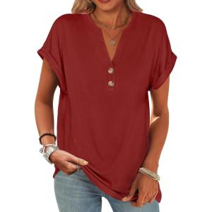 imageANRABESS Womens Short Sleeve Henley Tops V Neck Dressy Casual Loose Fit Shirts Summer Flowy Blouses 2025 Trendy ClothesBrick Red