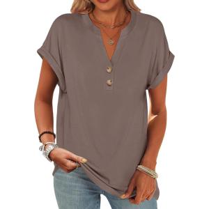 imageANRABESS Womens Short Sleeve Henley Tops V Neck Dressy Casual Loose Fit Shirts Summer Flowy Blouses 2025 Trendy ClothesBrown