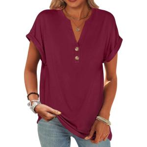 imageANRABESS Womens Short Sleeve Henley Tops V Neck Dressy Casual Loose Fit Shirts Summer Flowy Blouses 2025 Trendy ClothesBurgundy