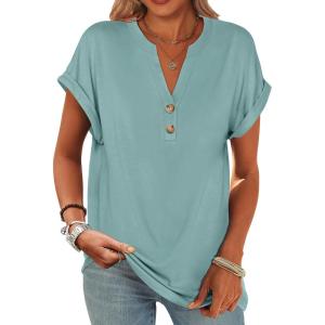 imageANRABESS Womens Short Sleeve Henley Tops V Neck Dressy Casual Loose Fit Shirts Summer Flowy Blouses 2025 Trendy ClothesCadet Blue