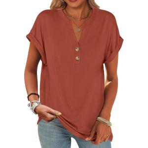 imageANRABESS Womens Short Sleeve Henley Tops V Neck Dressy Casual Loose Fit Shirts Summer Flowy Blouses 2025 Trendy ClothesCaramel Brown