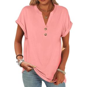 imageANRABESS Womens Short Sleeve Henley Tops V Neck Dressy Casual Loose Fit Shirts Summer Flowy Blouses 2025 Trendy ClothesCoral