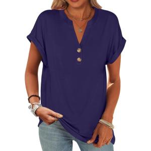 imageANRABESS Womens Short Sleeve Henley Tops V Neck Dressy Casual Loose Fit Shirts Summer Flowy Blouses 2025 Trendy ClothesDark Blue
