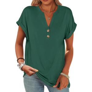 imageANRABESS Womens Short Sleeve Henley Tops V Neck Dressy Casual Loose Fit Shirts Summer Flowy Blouses 2025 Trendy ClothesDark Green