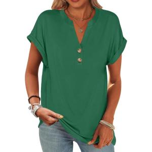 imageANRABESS Womens Short Sleeve Henley Tops V Neck Dressy Casual Loose Fit Shirts Summer Flowy Blouses 2025 Trendy ClothesGreen