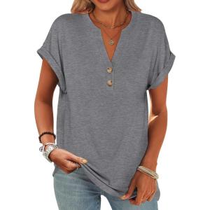 imageANRABESS Womens Short Sleeve Henley Tops V Neck Dressy Casual Loose Fit Shirts Summer Flowy Blouses 2025 Trendy ClothesGrey