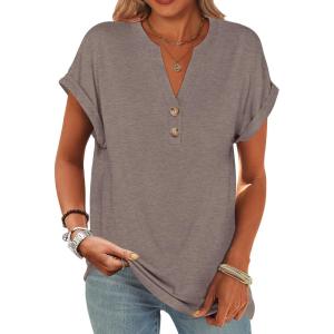 imageANRABESS Womens Short Sleeve Henley Tops V Neck Dressy Casual Loose Fit Shirts Summer Flowy Blouses 2025 Trendy ClothesGrey Brown